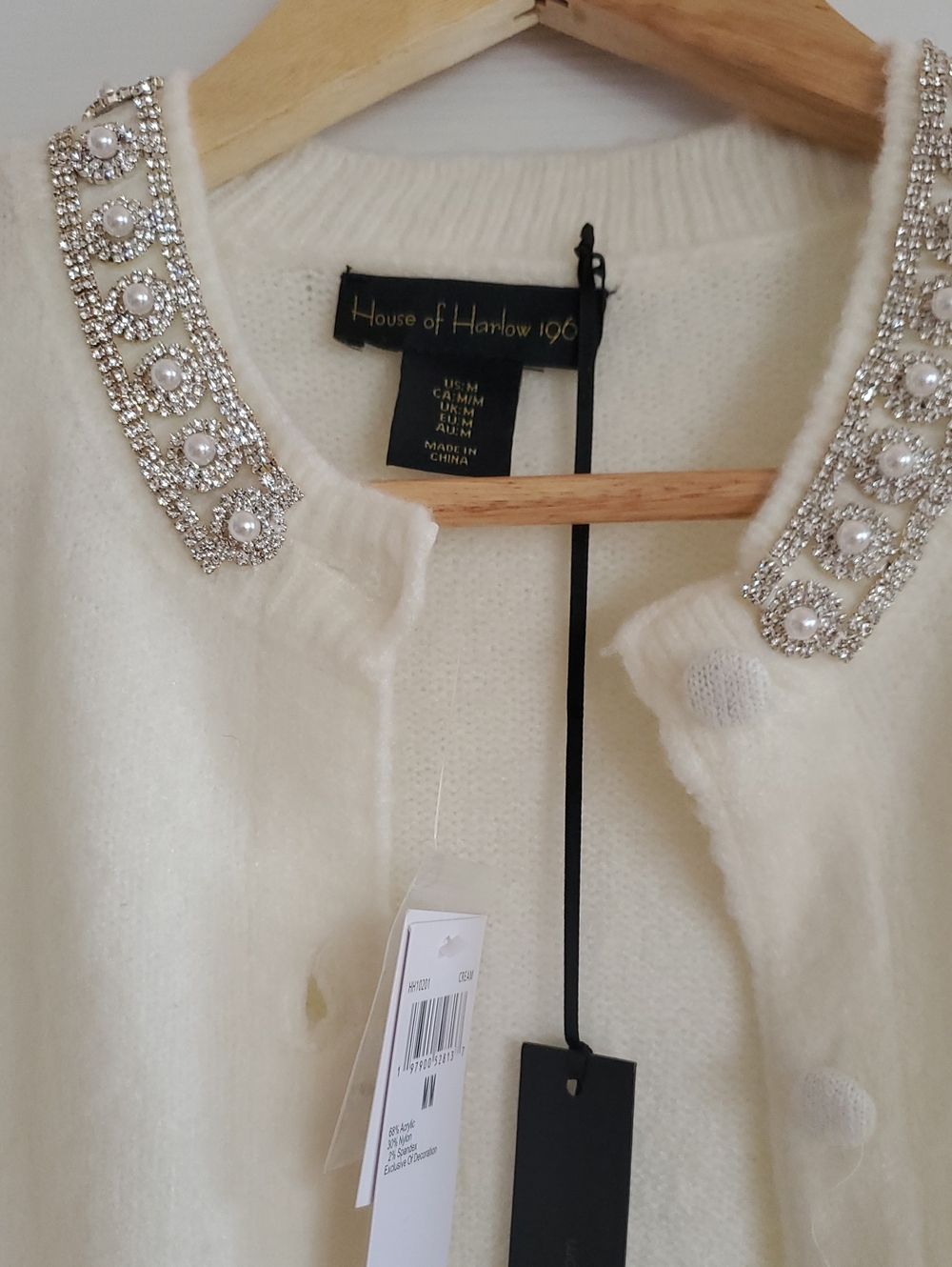 House of Harlow 1960 Cream Beaded Pearl Collar Cardigan